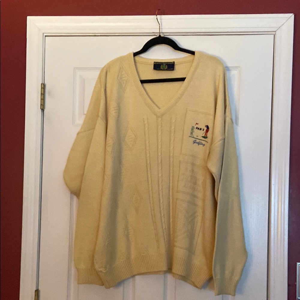 Vintage Blarney Castle Designs Yellow V-Neck Sweater W/Embroidered Golf Design